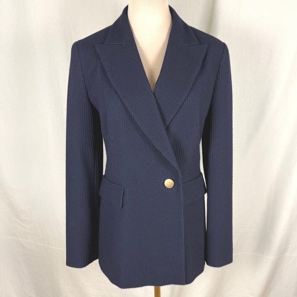 Max Mara Italy Navy Blue Pagano Ribbed Wool Blazer Jacket Size 4 Small EUC